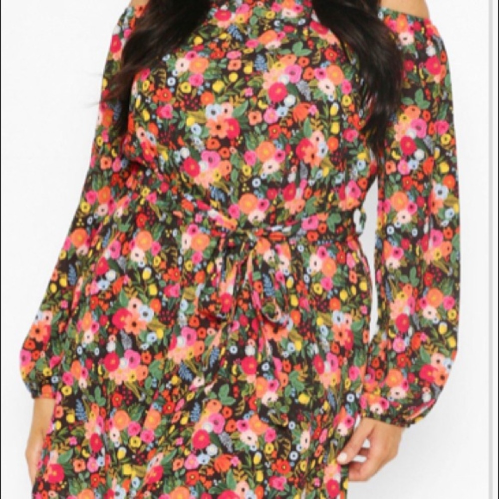 Boohoo Plus floral off shoulder belted shift dress
